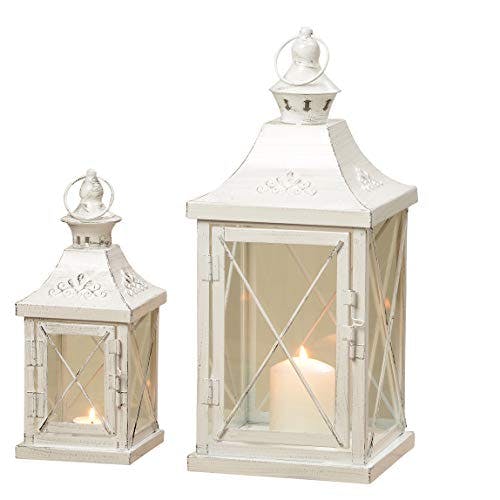 2er Set Innen Außen Laternen Balkon Windlichter Metall weiß Shabby Chic Glas Tür Wohnzimmer Dekoration