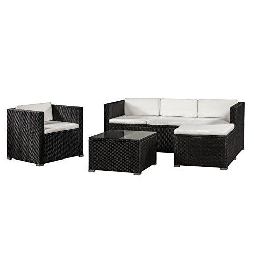 Juskys Polyrattan Lounge Punta Cana L für 4-5 Personen mit 3er Sofa, Sessel, Hocker, Tisch &amp; Kissen, Sitzgruppe für Garten, Terrasse und Balkon, Gartenmöbel Set wetterfest - Schwarz/Creme