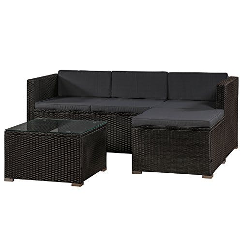 Juskys Polyrattan Lounge Punta Cana M für 3-4 Personen mit 3er Sofa, Sessel, Tisch &amp; Kissen, Sitzgruppe für Garten, Terrasse und Balkon, Gartenmöbel Set wetterfest - schwarz/grau