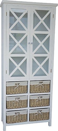 Beauty.Scouts Vitrine Vitrinenschrank Coast weiß 86x38x204cm Beachhouse Glasvitrine Standvitrine Schrank Hochschrank Rattankörbe Ablageächer