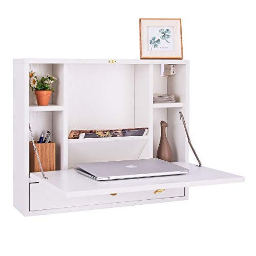 COSTWAY Wandtisch klappbar, Schreibtisch wandhängend, platzsparender Klapptisch mit Ablagefach und Schublade, Wandklapptisch aus Holz für Schlafzimmer, Wohnzimmer, 60 x 15 x 50 cm (Weiß)