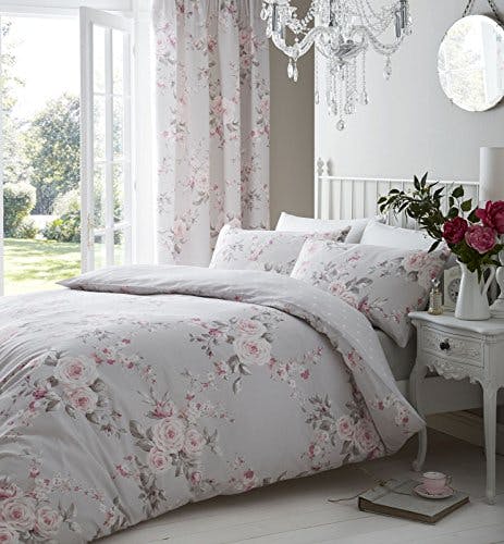 Catherine Lansfield Bedding Canterbury Floral Double Duvet Cover Set with Pillowcases Grey