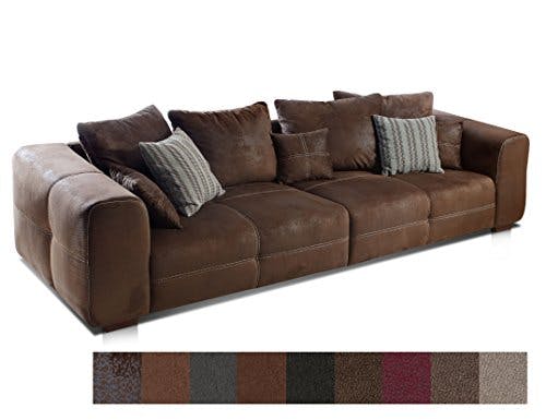 Cavadore Big Sofa Mavericco / Große Polster Couch mit Mikrofaser-Bezug Lederoptik / Inklusive Rückenkissen und Zierkissen in / Maße: 287 x 69 x 108 cm (BxHxT) / Farbe: Antik Braun