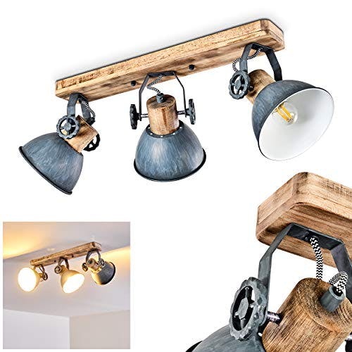 Deckenleuchte Orny, Deckenlampe aus Metall/Holz in Grau/Weiß/Braun, 3-flammig, mit verstellbaren Strahlern, 3 x E27-Fassung, Spot im Retro/Vintage Design, ohne Leuchtmittel