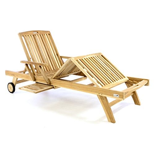 Divero Sonnenliege Garten Relax - Liege Teak - Holz inkl. Räder Tablett – Lehne &amp; Fußteil mehrfach verstellbar – unbehandelt Natur behandelt (wählbar) (Teak Natur)