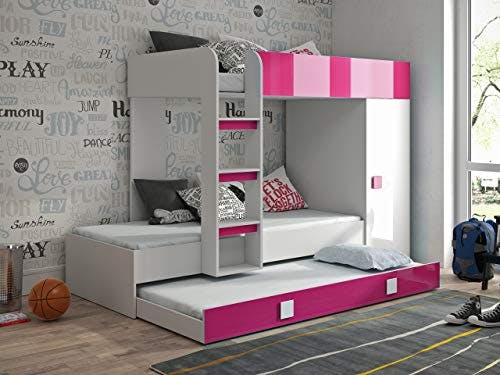 MEBLE KRYSPOL Toledo 2 Hochbett für Kinder, Jugendliche mit Stauraum - Etagenbett mit Schreibtisch, Kleiderschrank, Regal, Schubladen, Treppe - 254x94x165 cm - Weiß, Rosa, Weiß + Rosa