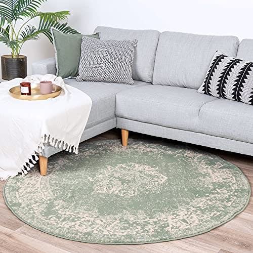 FRAAI Teppich Vintage Rund - Wonder Grün Ø 150cm - Polypropylen - Kurzflor - Antik, Vintage - Orientalisch - Wohnzimmer, Esszimmer, Schlafzimmer - Carpet