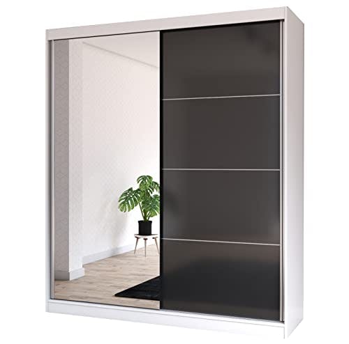 Fabryka Mebli Idźczak Schiebetürenschrank, eleganter Kleiderschrank Schrank Garderobe Spiegel Multi 31-180 cm, Schlafzimmer- Wohnzimmerschrank Schiebetüren Modern Design (Weiß/Schwarz)