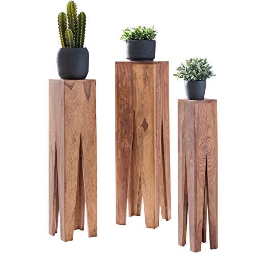 FineBuy Beistelltisch 3er Set Massivholz Satztisch Quadratisch Modern, Säulentisch Pflanzentisch 3-teilig, Blumenständer Blumentisch Wohnzimmer, Pflanzenhocker Blumenhocker Dekosäule