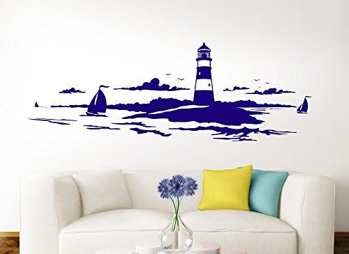 Grandora Skyline Küstenlandschaft Leuchtturm I azurblau 120 x 42 cm I Bad Wohnzimmer Schlafzimmer Aufkleber Wandaufkleber Wandsticker Modern W974