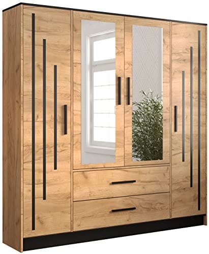 MEBLE KRYSPOL Malta 4 201 Moderner Kleiderschrank mit 4 Flügeltüren, 2 Schubladen, Kleiderstange und Spiegel - Für Flur, Schlafzimmer, Wohnzimmer - Craft Oak Gold + Schwarz - 201x40x202 cm