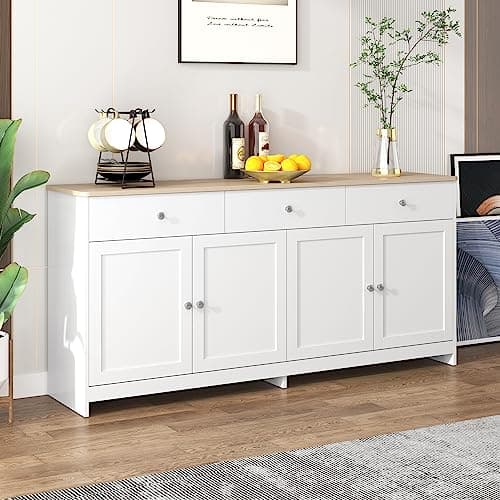 Kehun Sideboard Weiss für Wohnzimmer und Esszimmer, Kommode Schrank Buffetschrank 160x37x75 cm mit 4 Türen und 3 Stauraum Schubladen, Natur &amp; Weiß