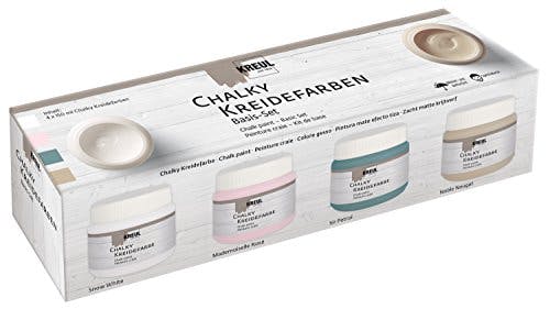 KREUL 75305 - Chalky Kreidefarbe im Set, 4 x 150 ml Farbe in Snow White, Mademoiselle Rosé, Sir Petrol und Noble Nougat, sanft - matte Farbe, cremig deckend, schnelltrocknend