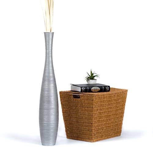 Leewadee Große Deko Bodenvase Für Dekozweige, Hohe Standvase Für Pampasgras, Design Holzvase, 90 cm, Silber