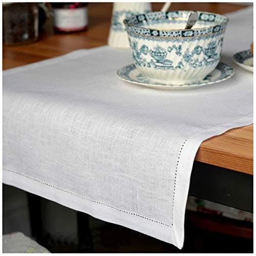 Linen &amp; Cotton Hochwertiger und Eleganter Tischläufer Stoff/ Tischband mit Hohlsaum FLORENCE - 100% Leinen, 43 x 180cm ( Weiß/ Weiss ), Ideal für Hochzeit Gastronomie Hotel Restaurant Cafe Catering Vereinsfeier Geburtstagsfeier