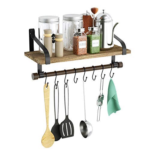 Love-KANKEI Küchenregal Wand Organizer Küche Wandregal holz mit Haken Gewürzregal Hängend Pfannenhalter Küchenleiste Regal für Küche Badezimmer Wohnzimmer und mehr, Braun