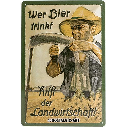 Nostalgic-Art Retro Blechschild, 20 x 30 cm, Wer Bier trinkt hilft der Landwirtschaft – Geschenk-Idee für Bier-Fans, aus Metall, Vintage Design mit Spruch