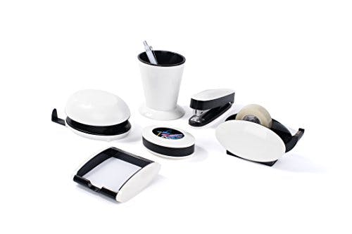 Pavo Trendy Schreibtisch-Set, 6-teilig - Hochglanz mit Stifteköcher, Klammernspender, Locher, Heftgerät, Zettelbox und Tischabrolle, weiß