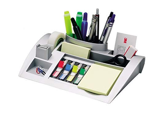 Post-it Desk Organizer, Packung mit 1 Block Post-it Notes a 100 Blatt, 4 x 35 Haftstreifen Post-it Index, 1 Rolle Scotch Magic mattes Klebeband, 265 mm x 168 mm x 68 mm, Farbe: Silber