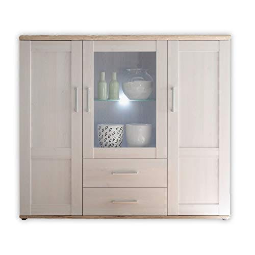 Stella Trading Highboard in Sibiu Lärche / Eiche San Remo Optik - Landhausstil Wohnzimmerschrank mit viel Stauraum und LED-Beleuchtung - 156 x 137 x 46 cm (B/H/T)