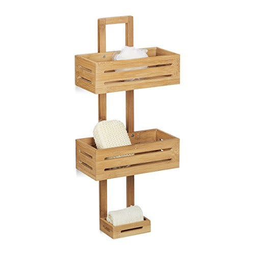 Relaxdays Duschregal Bambus H x B x T: 65 x 28 x 15,5 cm Duschablage aus Holz als Hängeregal Dusche mit 3 Ablagen Duschkorb als Badregal zum Hängen und rostfreier Badschrank sowie Badablage, natur