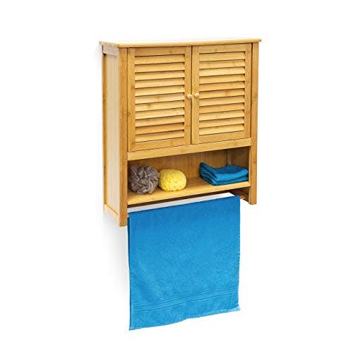 Relaxdays Hängeschrank LAMELL Bambus, mit Handtuchhalter, 3 Ablagen, 2 Türen, Badschrank, HBT: 66 x 62 x 20 cm, natur, 20x62x66 cm