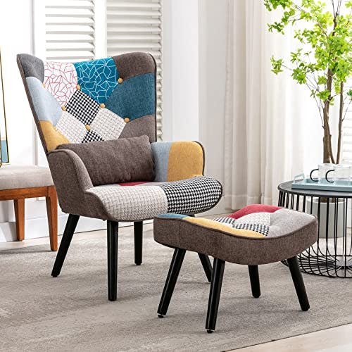 Relaxsessel mit Hocker Patchwork Sessel Ohrensessel Holz Sessel Wohnzimmer, moderner Fernsehsessel Loungesessel Stuhl Patchwork Leinen Massivholzfüße