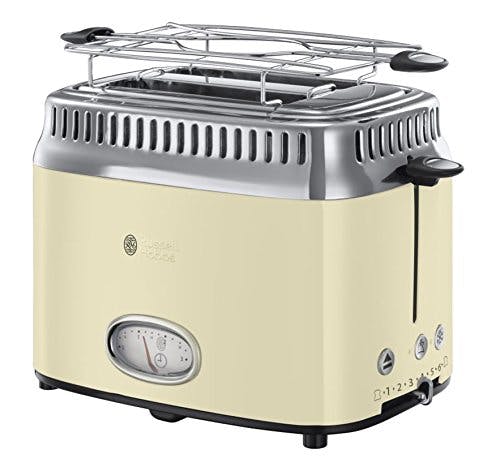 Russell Hobbs Toaster [für 2 Scheiben] Retro Edelstahl Creme (Countdown-Anzeige im Retrodesign, inkl. Brötchenaufsatz, 6 Bräunungsstufen + Auftau- &amp; Aufwärmfunktion, 1300W) Vintage 21682-56