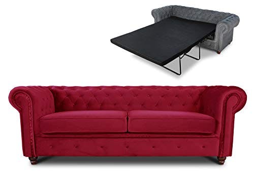 Schlafsofa Chesterfield Asti Bis 3-Sitzer, Sofa mit Schlaffunktion, Couch 3-er, Couchgarnitur, Sofagarnitur, Holzfüße, Polstersofa (Rot (Velvet 59))