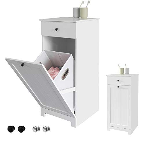 SoBuy BZR21-W Wäscheschrank mit ausklappbarem Wäschesack Wäschetruhe Wäschesammler mit Schubladen Wäschekorb Badschrank Badmöbel Weiss BHT ca: 40x90x38cm