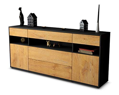 Stil.Zeit Sideboard Floria, Korpus anthrazit matt, Front Holz-Design Eiche (180x79x35cm) Push-to-Open Technik &amp; Leichtlaufschienen