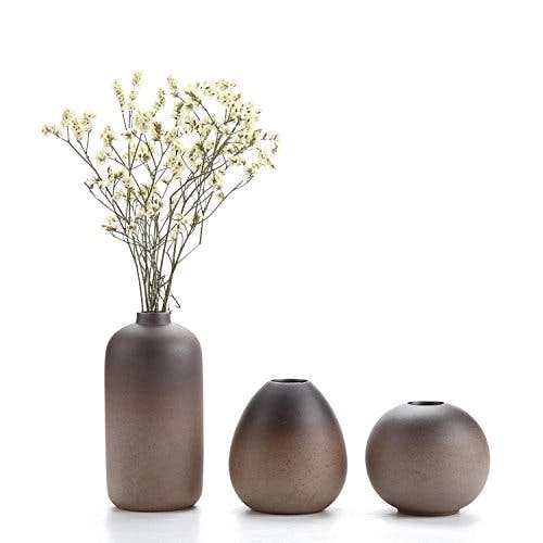 ComSaf Keramik Blumenvasen Klein, Vase, Vasen Deko, Mini Vasen für Tischdeko, Vase Dekoration, Blumenvase Modern Set, Japanischer Stil Dekovasen für Wohnzimmer, Büro und Hochzeit, Pampasgras, 3er-Set