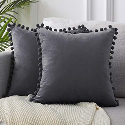 Topfinel 2er Set Samt Kissen mit Pompoms Einfarbig Kissenbezüge Dekorative Kissenhülle Kopfkissen Sitzkissen Dekokissen Couchkisen für Sofa Schlafzimmer Büro Auto 40X40cm Grau