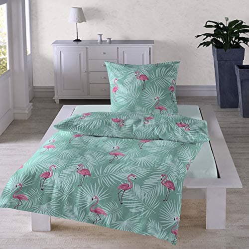 Traumschlaf Seersucker Bettwäsche Set • Top modernes Flamingo Design pink rosa sommerlich frisch mit grünen Palmenblättern und Reißverschluss • 135x200 cm + 80x80 cm