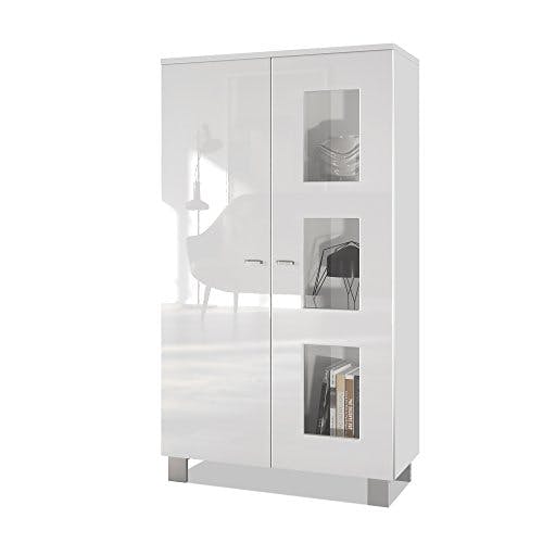 Vladon Vitrine Denjo, Made in Germany, Standvitrine mit 2 Türen und 3 Glaseinsätzen, Weiß matt/Weiß Hochglanz (71 x 129 x 35 cm)