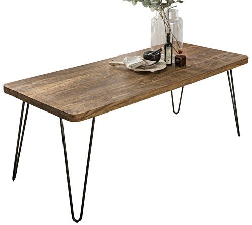 Wohnling Esstisch BAGLI Massivholz Sheesham 120 x 80 x 76 cm Esszimmer-Tisch Küchentisch modern Landhaus-Stil Holztisch mit Metallbeinen dunkel-braun Natur-Produkt Massivholzmöbel