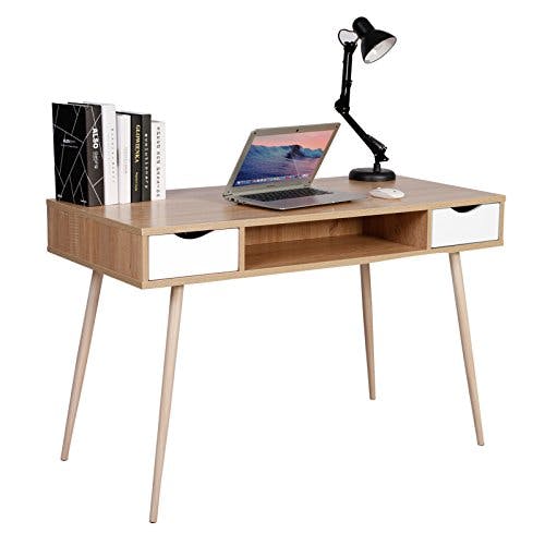 WOLTU® Schreibtisch TSG19hei Computertisch Bürotisch Arbeitstisch PC Laptop Tisch, in Melamin, mit 2 Schubladen und 1 offenen Fach, Gestell aus Stahl, 120x58x77cm(BxTxH), Holz, Eiche