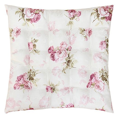 wometo Sitzkissen Stuhlkissen ROSI 40x40x4 Rosen - rosa Creme Auflage Landhaus