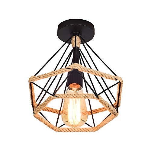 Pendelleuchte Hängelampe Retro Diamant Deckenleuchte 25cm Metallkäfig mit Hanfseil,Vintage Hängelampe Lampe E27 Beleuchtung für Wohnzimmer Schlafzimmer Café Bar Restaurant,Seil Deckenlampe schwarz