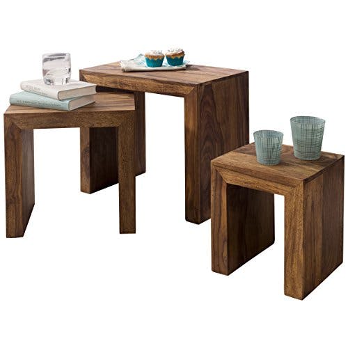 Wohnling 3er Set Satztisch Massiv-Holz Sheesham Wohnzimmer-Tisch Landhaus-Stil Beistelltisch dunkel-braun Naturholz