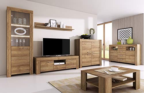 Furniture24 Wohnzimmer Set Wohnwand Sky Tv Schrank Vitrine Hängeregal Kommode Sideboard Couchtisch (Riviera Eiche)