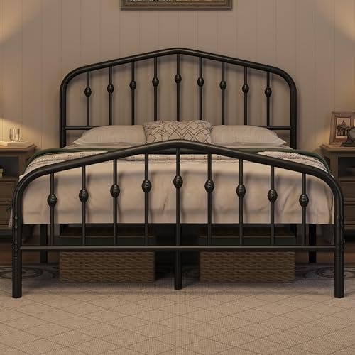 Yaheetech Bettrahmen 140 x 200 cm, Vintage Metallbett mit kronenförmigem Kopfteil, Stabiles Bettgestell Doppelbett aus Metall, Robust &amp; Leichte Montage Gästebett Jugendbett Tagesbett, Schwarz