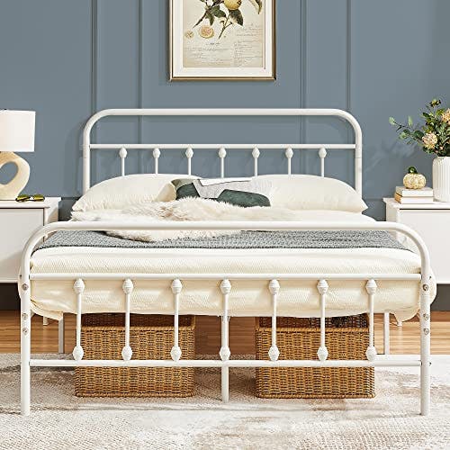 Yaheetech Bettrahmen Vintage Stil 140 x 200 cm Metallbett Bettgestell aus Metall mit Lattenrost, Modern Gästebett Jugendbett, Weiß