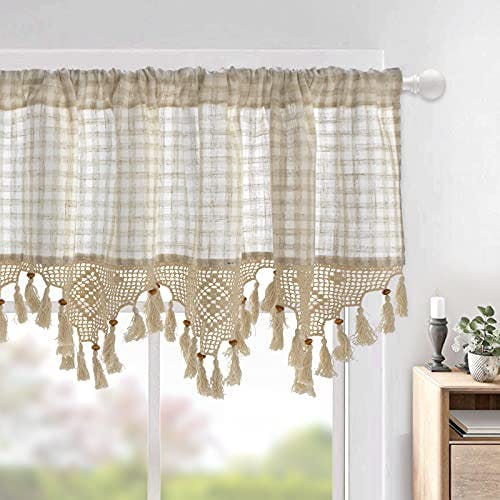 choicehot Beige Baumwolle Leinen Kurzgardine Vintage Häkelspitze Scheibengardine Landhausstil Plaid Küchengardine Shabby Bistrogardinen mit Quaste 1 Stück, H45×B180cm