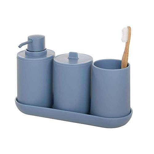 iDesign Badezimmer Set, vierteilige Badgarnitur mit Seifenspender, Zahnbürstenhalter, Wattepadspender und Tablett aus Kunststoff, Badaccessoires für den Waschtisch, blau, 24,5 cm x 8,9 cm x 16,2 cm