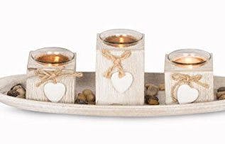 4er Windlicht Set Holztablett B x H x T: ca. 39x3x14cm Weiß Grau Shabby Chic Landhausstil Vintage Deko Teelichtset