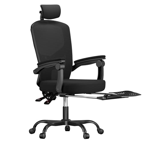 naspaluro Ergonomischer Bürostuhl mit Fußstütze, Schreibtischstuhl mit Verstellbarer Kopfstütze, Lendenwirbelstütze, Höhenverstellbar, Liegestuhl, Komfortabler Mesh Chefsessel, Schwarz