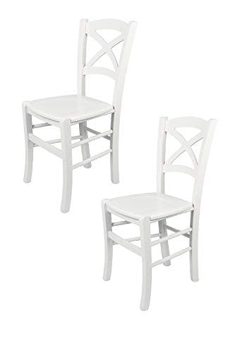 t m c s Tommychairs - 2er Set Stühle CROSS für Küche und Esszimmer, robuste Struktur aus lackiertem Buchenholz im Farbton Weiss und Sitzfläche aus lackiertem Holz in der Farbe Weiss