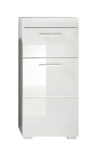 trendteam smart living - Amanda - Kommode - Weiß Hochglanz - Standschrank - (BxHxT) 37 x 79 x 31 cm - Badschrank mit 1 Tür und 1 Schublade - silberfarbene Griffe - universal einsetzbar