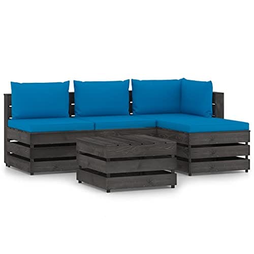 vidaXL Holz Grau Imprägniert Gartenmöbel 5-TLG. mit Kissen Palettensofa Sofa Lounge Sitzgruppe Garnitur Gartensofa Ecksofa Fußhocker Mittelsofa Tisch